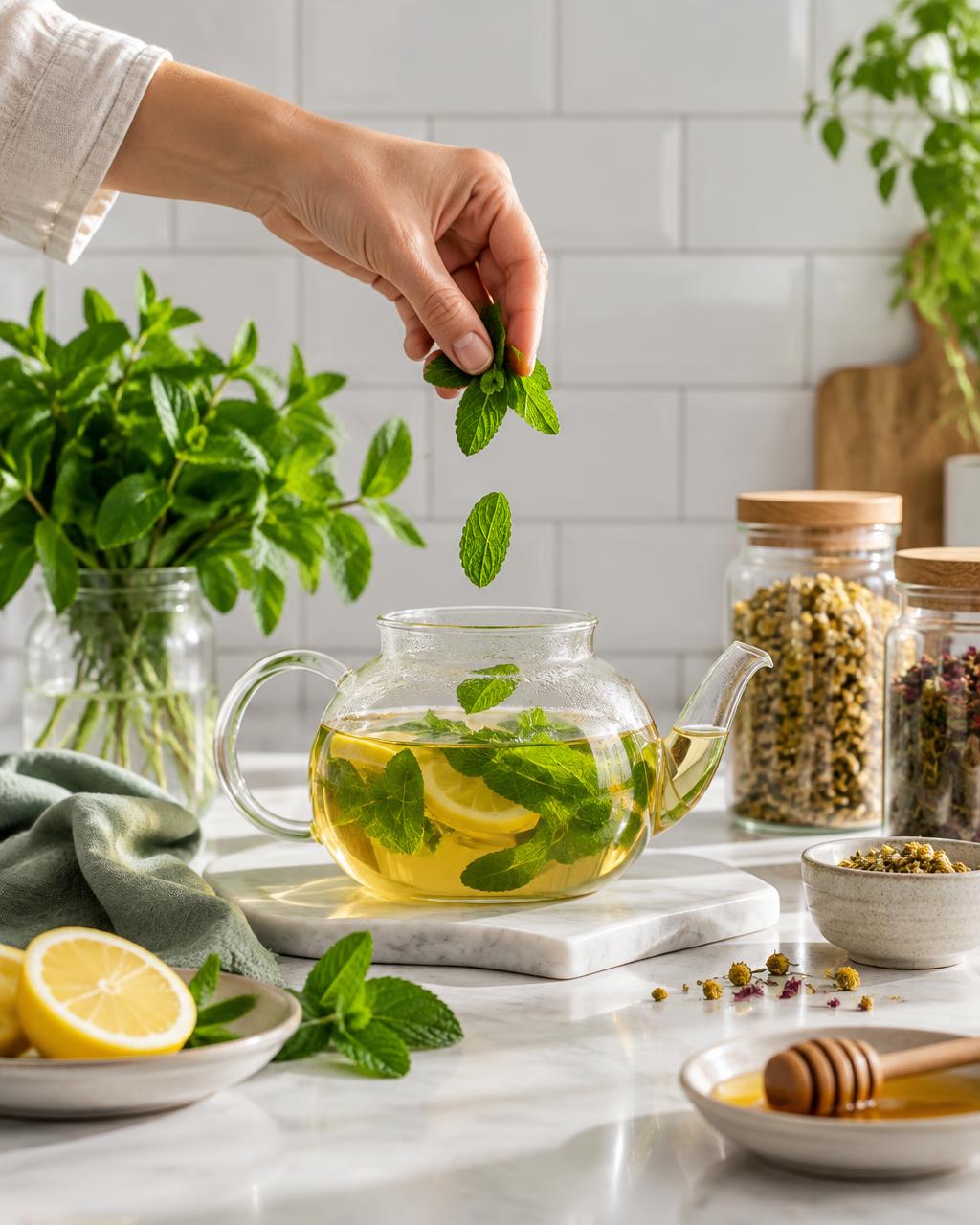 Théière en verre avec infusion de menthe fraîche
