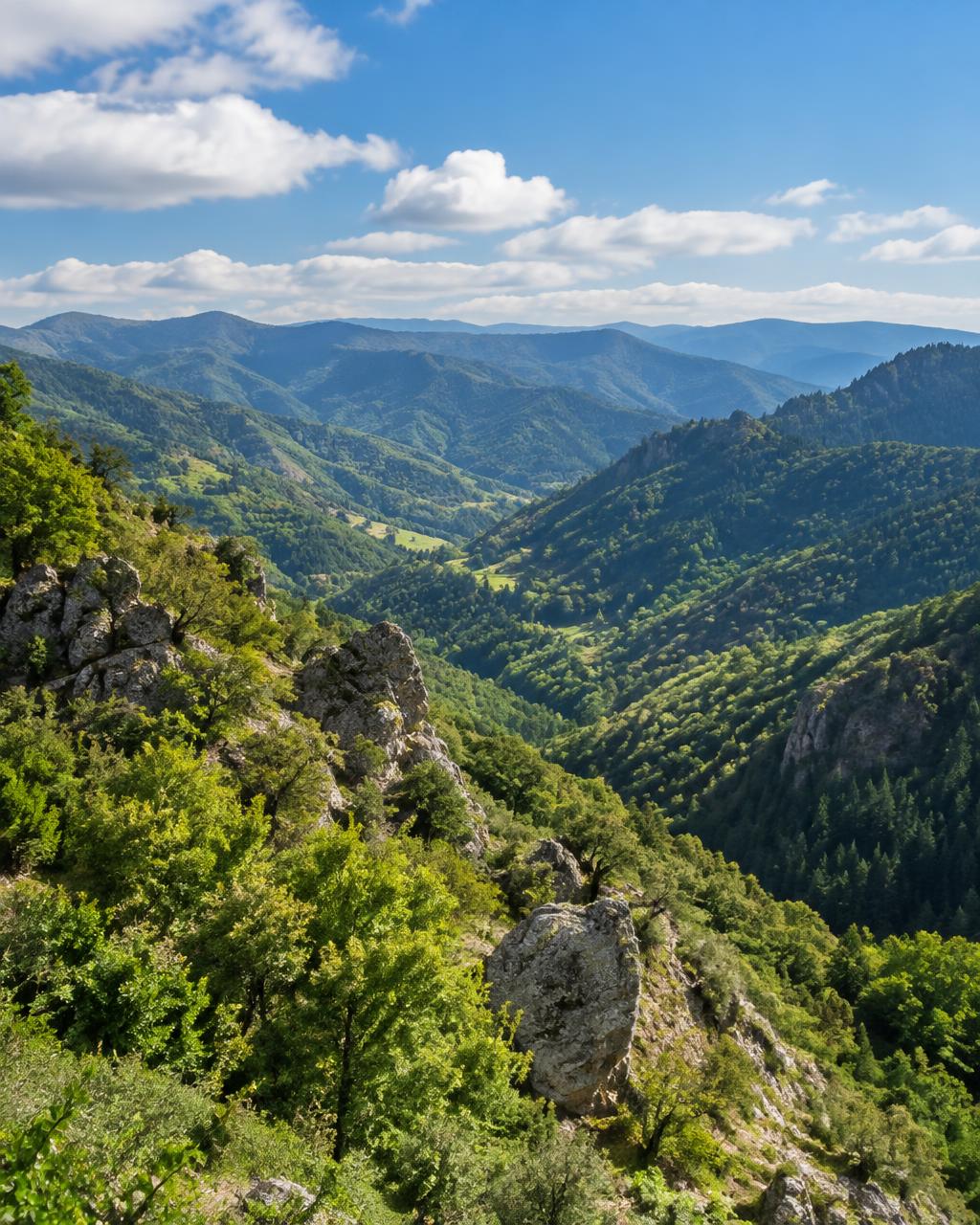 Paysage de montagnes boisées sous un ciel bleu